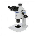 Unitron stereoscopic zoom microscope with binocular viewing head on plain focusing stand.