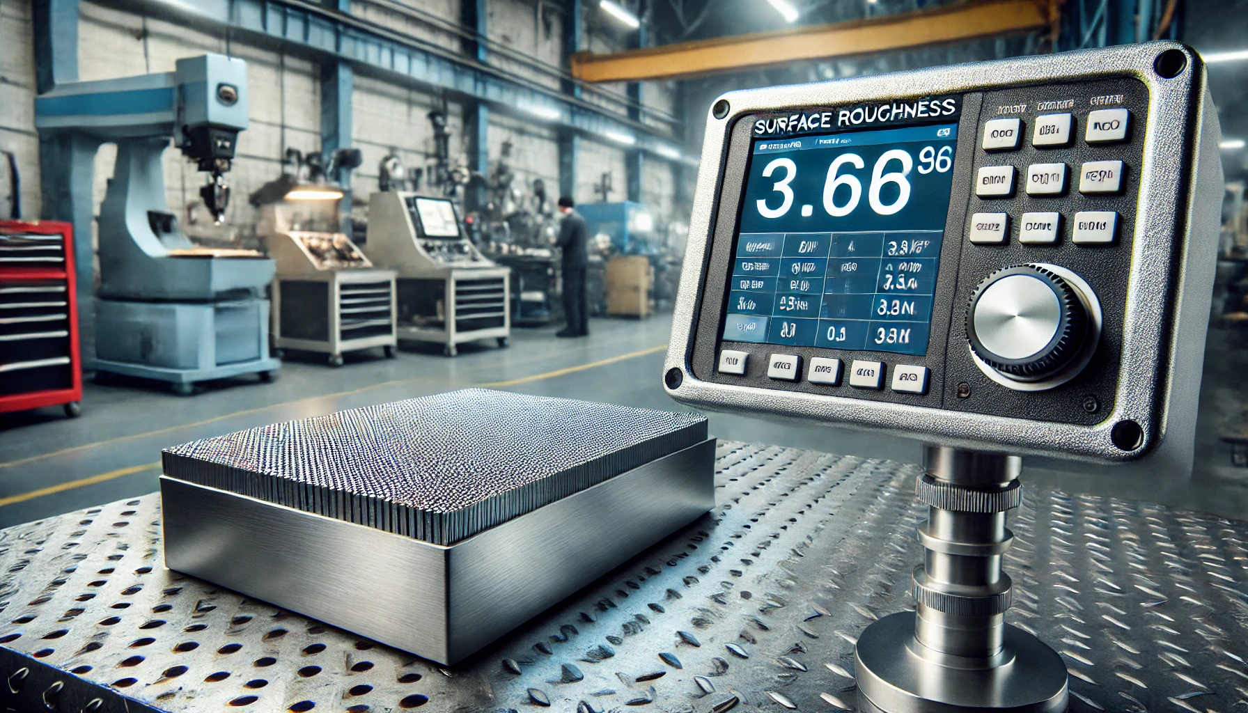 Technician using a surface roughness gauge for precise measurement.