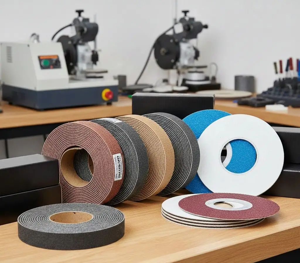 Technician loading an abrasive belt onto a grinding machine to maximize belt and disc lifespan