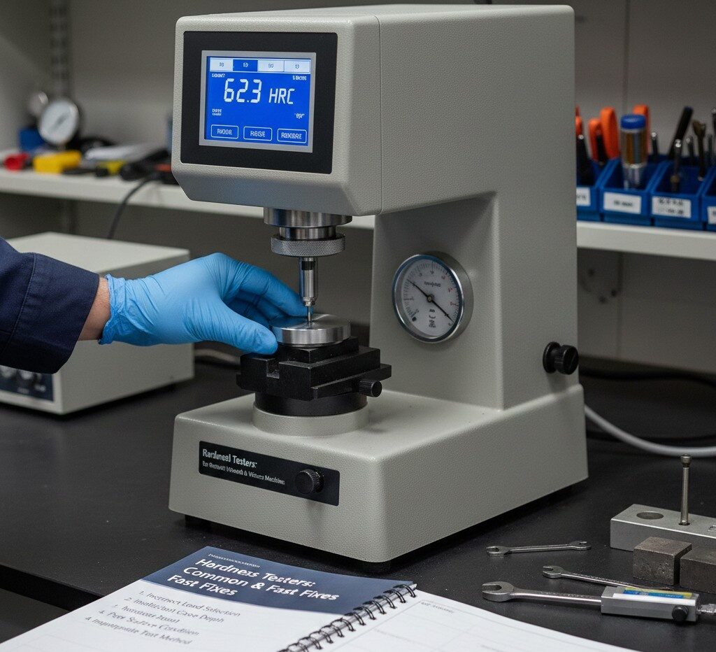 Technician troubleshooting a hardness tester to identify inaccurate hardness readings