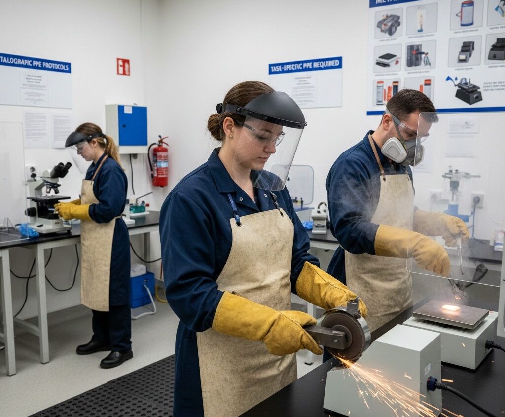 Metallography lab technician wearing proper PPE during sample preparation