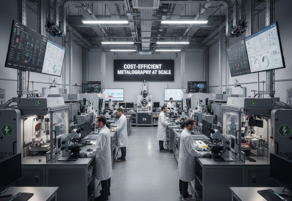 High-throughput metallography lab workflow showing optimized staffing, SOP-driven sample preparation, and efficient equipment layout for cost control